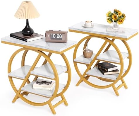 LITTLE TREE End Table Set of 2, 4-Tier Narrow Faux Marble Side Table by LITTLETREE