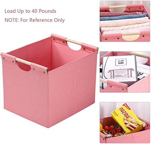 HOONEX Large Foldable Storage Bins, Linen Fabric, Pack of 2, Storage Baskets with Wooden Carry Handles and Sturdy Heavy Cardboard, for Home, Office, Car, Nursery, Pink - Image 2