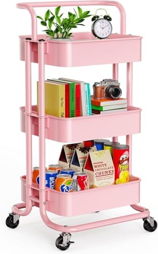 Pipishell Metal 3 Tier Rolling Cart with Handle & 2 Lockable Wheels, Pink by Pipishell