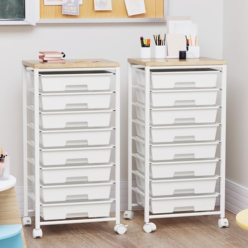 Rolling Cart with 8 Drawers, Storage Drawers Cart with Wooden Tabletop and Lockable Wheels, Craft Storage for Living Room, Office, Classroom, Craft Room, Bedroom - Image 5