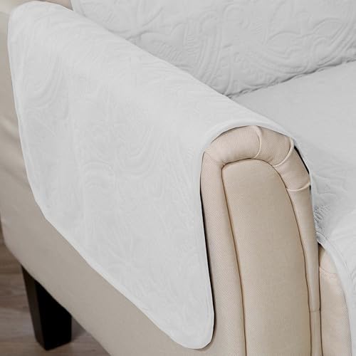 Great Bay Home Reversible Loveseat Cover - Washable Slipcover Furniture Protector with Elastic Straps - Perfect for Kids & Pets - Quilted & Stitched Detail (White/Sand) - Image 4