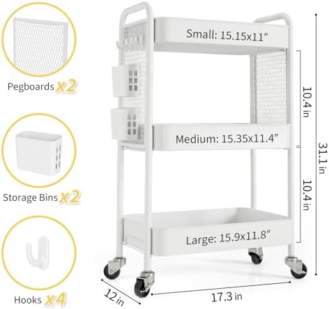 TOOLF 3 Tier Rolling Cart, Metal Utility Storage Cart with Pegboard, White | 2 Bins & 4 Hooks, Screwless Assembly, Lockable Wheels, Trolley Organizer for Bathroom, Kitchen, Office, Dorm, Craft Room - Image 6