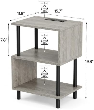 Frylr Side Table, Night Stand and End Table with Power Outlets and USB Ports, Strong Metal Frame, 44lb Capacity per Tier and Leveling Feet for Bedroom, Bedside, Living Room and Small Space, Greige - Image 2