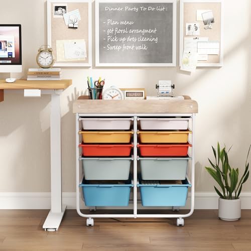 Giantex Rolling Storage Cart with 10 Drawers, Utility Cart w/Wooden Tabletop, Handle, Lockable Wheels, Multipurpose Organizer for Art Craft Scrapbooks Paper, Drawer Carts for School Office, Macaron - Image 5