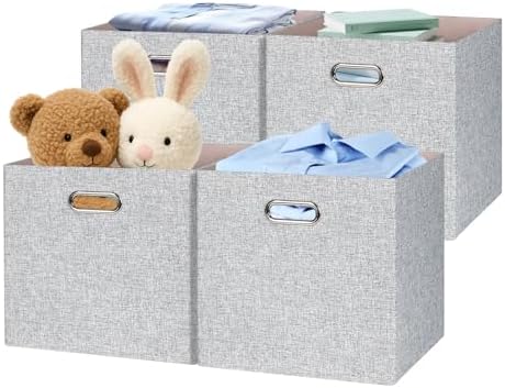 Posprica Collapsible Storage Bins,13×13 Foldable Storage Cube Boxes Fabric Drawer Fabric Storage Bins Vinyl Record Woven Gray, 4 Pack by Posprica