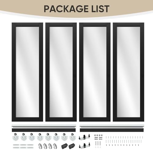 JUBEST 96" x 80" Mirror Closet Door, Preassembled One Side Mirror Door with Hardware Kit & Matching Fascia, Solid Wood Frame with Water-Proof PVC Surface, Easy to Install, Black - Image 3
