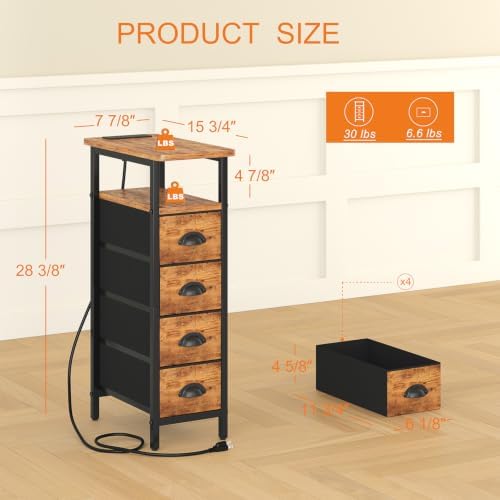 sthmec Side Table with Charging Station, Narrow End Table with 4 Drawers, Small Nightstands with Fabric Drawers,Slim Sofa Couch Side Tables for Small Spaces,Living Room,Bedroom,Rustics Brown - Image 3