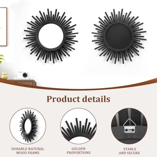 18 Inch Boho Sunburst Mirror, Round Wooden Wall Decor Starburst Sun Mirror for Bedroom, Living Room, Bathroom, Hallway, Balcony, Farmhouse Entryway, Housewarming Gift（Black - Image 4