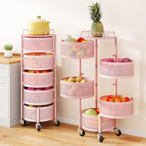 SAYZH 5 Tier Fruit Vegetable Basket Stand for Kitchen, Rotating, Pink by SAYZH