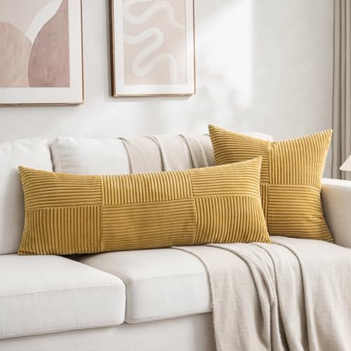 Fancy Homi 2 Packs Mustard Yellow Decorative Throw Pillow Covers 16x16 Inch for Living Room Couch Bed, Rustic Farmhouse Boho Home Decor, Soft Corss Patchwork Corduroy Textured Cushion Case 40x40 cm - Image 5