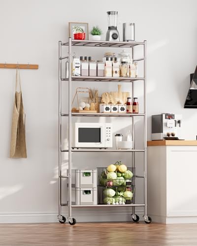 Sakugi 5-Tier Storage Shelves 33.1" x12.6' x73.5 Silver with Wheels - Image 2