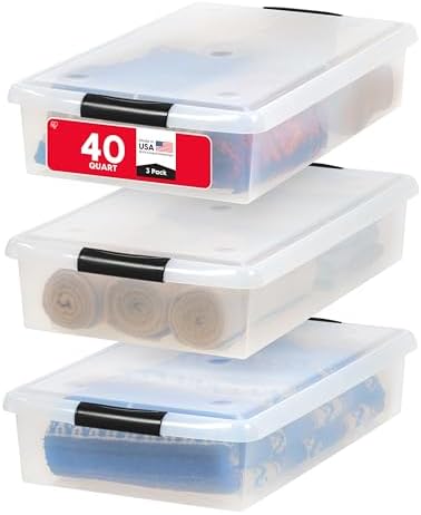 IRIS USA 3-Pack, 40 Qt. Under Bed Storage Bin with Lids, Black/Clear by IRISUSA