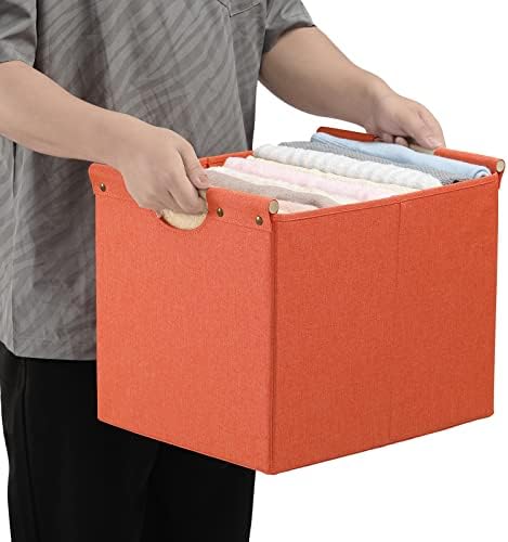 HOONEX Large Collapsible Storage Bins, Linen Fabric, Pack of 2, Storage Baskets with Wooden Carry Handles and Sturdy Heavy Cardboard, for Home, Office, Car, Nursery, Orange - Image 6