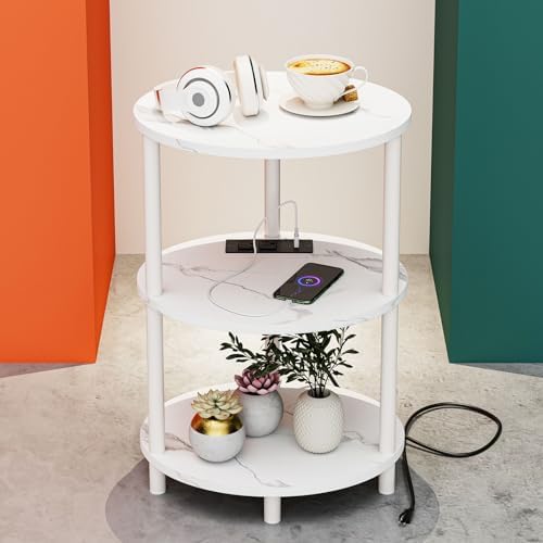 Small Round Side Table - 3-Tier Oval Accent Table for Small Spaces, Rustic Wood and Metal Nightstand for Living Room or Bedroom, with Built-in USB Ports and Power Outlet, Marble White by RISWER