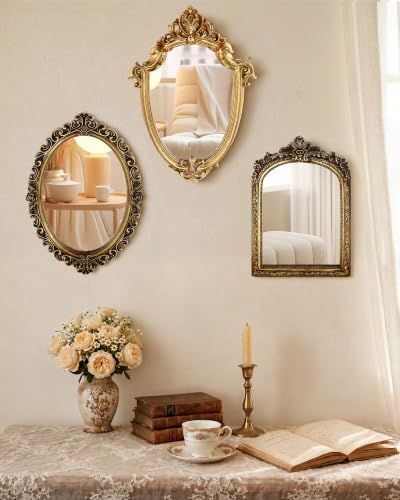 Wonderjune 3 Pcs Vintage Gold Mirror Set Wall Decorative, 8-15in Vintage Wall Mirror Hanging Antique Hanging with Stand for Living Room Home Wedding Decor(Classic Style, 13in/12in/10in) by Wonderjune