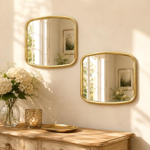 2 Pack Rounded Square Wall Mirror, 10"x12" Metal Framed Decorative Mirror with Real Glass, Aesthetic Curved Edge Vanity Mirror for Bedroom, Living Room, Gold Wall Decor by OPULINEA