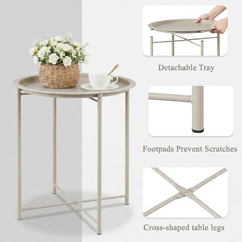 VECELO Side/End Table, Folding Round Metal Anti-Rust and Waterproof Outdoor or Indoor Tray for Living Room Bedroom Balcony and Office, 2 PCS, Grey - Image 5