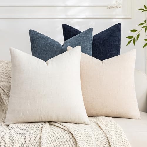 Set of 4 Soft Textured Decorative Throw Pillow Covers 16x16 Inch Cozy Farmhouse Cushion Cover Square Accent Pillow Cases for Bed Couch Sofa Living Room, Beige White Blue by Cozoomy