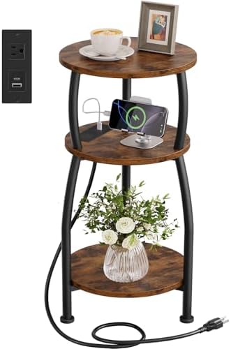 Round Side Table with Charging Station, Small Spaces Nightstand by designyourhome