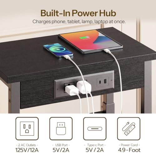 HOOBRO End Table with Charging Station, Adjustable Height Small Side Table - Image 4