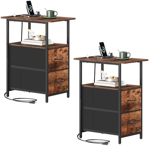 Somdot End Table Set of 2 with Charging Station, 2 Drawers, Slim Side Table by Somdot