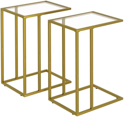 C Shaped End Side Table Set of 2,Couch Sofa Table for Small Space,Tempered Glass Snack Side Table with Metal Frame for Living Room, Bedroom, Bedside, Modern Style, Gold by Adompacat