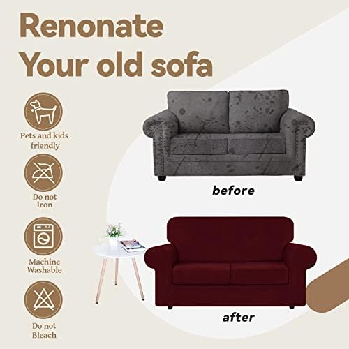 WEERRW Velvet Stretch 3 Pieces Couch Cover for Sofa Washable, Burgundy - Image 5