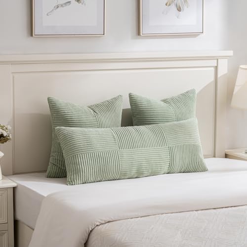 Fancy Homi Set of 2 Sage Green Boho Long Lumbar Body Decorative Throw Pillow Cover 14x36 Inch for Bed Couch Bedroom Bench, Soft Patchwork Corduroy Textured Pillow Case, Rustic Farmhouse Room Décor - Image 2