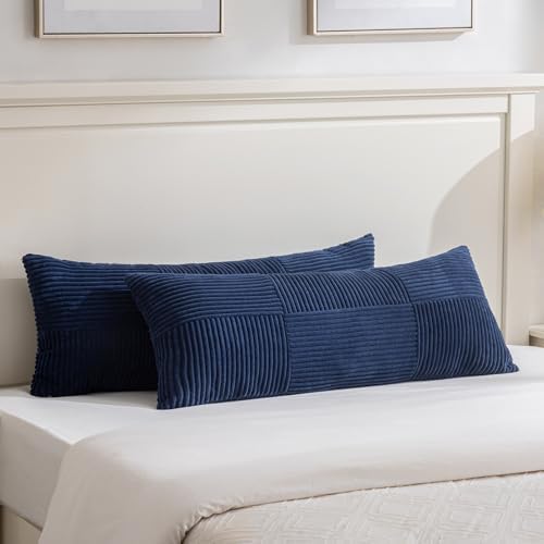 Fancy Homi Set of 2 Navy Blue Boho Long Lumbar Body Decorative Throw Pillow Cover 14x36 Inch for Bed Couch Bedroom Bench, Soft Patchwork Corduroy Textured Pillow Case, Rustic Farmhouse Room Décor by Fancy+Homi