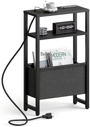 Narrow Side Table with Charging Station, Slim End Table with Magazine Rack, Bedside Table for Small Spaces, 3 Tier Sofa Couch Table Nightstand for Living Room, Bedroom, Black LET503BE by IRCPEN