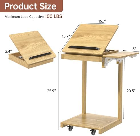 OtterOasis C Shaped End Table for Couch Rolling Side with Wheels Oak - Image 2