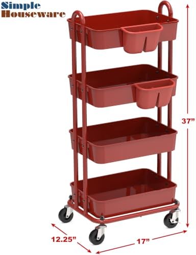 Simple Houseware 4-Tier Rolling Utility Cart with Hanging Bucket, Red - Image 6