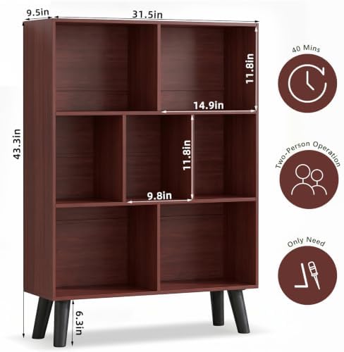 YAHARBO Walnut Bookshelf,3 Tier Book Shelf with Legs, 7 Cube Minimalist Bookcase,Storage Organizer Shelves Display Bookcases for Bedroom,Living Room - Image 2