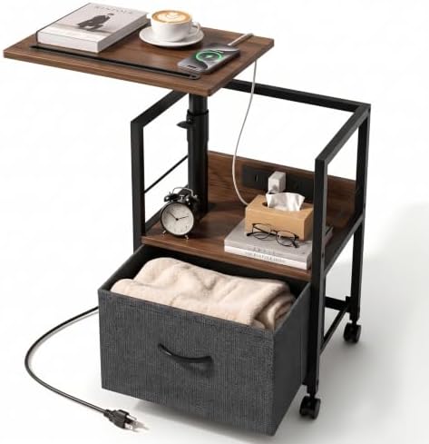 Faesun Swivel Lift Top Nightstand with Charging Station, Rolling Side Table for Recliner, Bedside Table with Wheels & a Fabric Drawer, for Small Spaces, for Bedroom, Living Room, Walnut Gray by Faesun