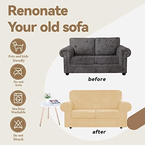 WEERRW Velvet Stretch 3 Pieces Couch Cover for Sofa Washable, Champagne - Image 5