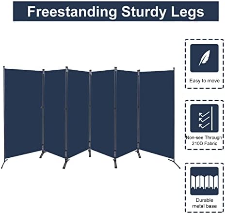 6 Panel Folding Room Divider,204" W x 71.3" H Portable Privacy Screen,Navy Blue - Image 3