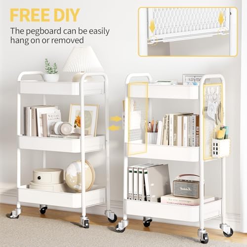 TOOLF 3 Tier Rolling Cart, Metal Utility Storage Cart with Pegboard, White | 2 Bins & 4 Hooks, Screwless Assembly, Lockable Wheels, Trolley Organizer for Bathroom, Kitchen, Office, Dorm, Craft Room - Image 3