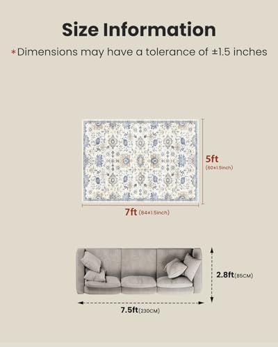 AMADA HOMEFURNISHING 5x7 Area Rugs, Washable Living Room Rug Low-Profile with Non-Slip Backing & Durable Edge Binding, Vintage 5x7 Rugs for Living Room, Bedroom, Dining Room - Image 2