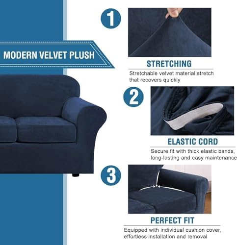 H.VERSAILTEX High Stretch Sofa Slipcover 4 Piece Cover Velvet Furniture Protector Form Fit Thick Velvet Extra Large Sofa Cover for 3 Cushion Couch Width Up to 97 Inch (Large Sofa, Navy) - Image 3