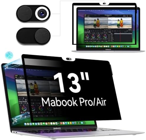 Privacy Screen MacBook Pro 13 Inch(2016-2022, M1, M2)/MacBook Air 13 in(2018-2021,M1),Easy On/Off Removable Anti Glare Blue Light Filter with Camera Cover,Anti Spy Laptop Screen Protector for Mac 13In by Protescreen