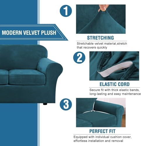 H.VERSAILTEX High Stretch Sofa Slipcover 4 Piece Cover Velvet Furniture Protector Form Fit Thick Velvet Extra Large Sofa Cover for 3 Cushion Couch Width Up to 97 Inch (Large Sofa, Deep Teal) - Image 3