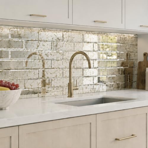 Peel and Stick Mirror Tiles, 3x12 Inch Beveled Antique Mirrror Backsplash Tiles for Kitchen Bathroom Wall 20 Pcs - Image 2