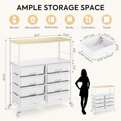 APEXCHASER Rolling Storage Cart with 8 Large Drawers, Wooden Tabletop - Image 3