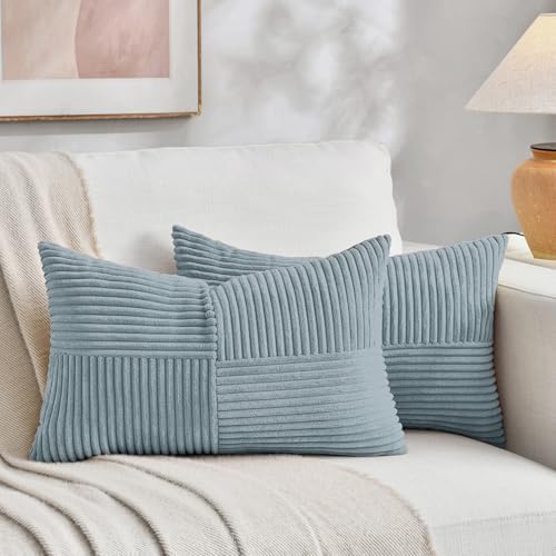 Fancy Homi Set of 2 Light Blue Lumbar Decorative Throw Pillow Covers 12x20 Inch for Living Room Bedroom Couch Bed Sofa, Soft Striped Corduroy Coastal Blue Rectangle Accent Cushion Case 30x50 cm by Fancy+Homi
