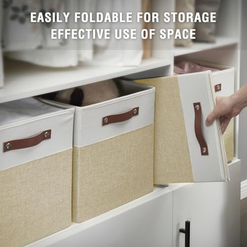 Bagnizer Collapsible Fabric Storage Cube Bins with 2 Reinforced PU Handles, Foldable Storage Organizer Baskets for Closet, Shelves, Living Room | 13"x13"x13", 4 Pack, Beige & White - Image 4