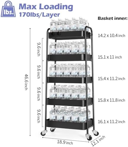 TOOLF 5-Tier Metal Rolling Cart with Wheels, Storage Utility Organizer Cart for Kitchen, Bathroom, Office, Baby Essentials & Makeup - Lockable Casters, Easy Assembly, Large Capacity, Black - Image 6
