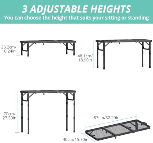 VINTEAM Folding Grill Table with Mesh Top, 3 Adjustable Heights, Lightweight Portable Camping Table, Black Aluminum Alloy BBQ Picnic Table for Outdoor Cooking, Tailgating, Beach, RV & Backyard - Image 2