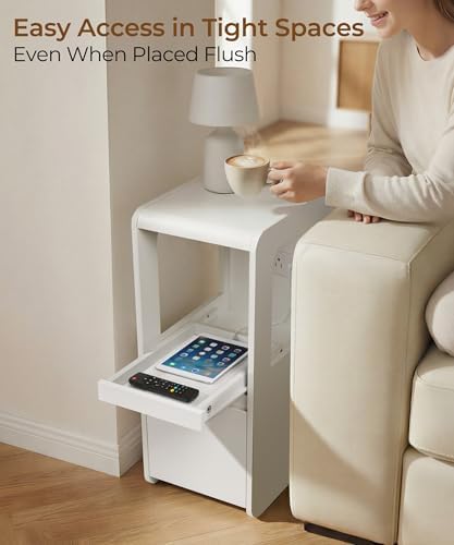 White Narrow Side Table, Slim End Table with Charging Station - Image 4