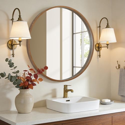 WallBeyond Round Wood Mirror, 36" Round Modern Decoration Large Circle Wall Mirror for Bathroom Living Room Bedroom Entryway, Walnut - Image 2