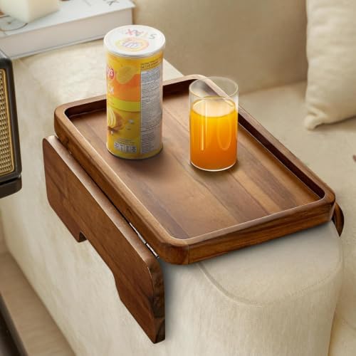 HOLANA 13.75" Acacia Sofa Arm Tray Table, Double Hinge, Natural Wood Color by HOLANA
